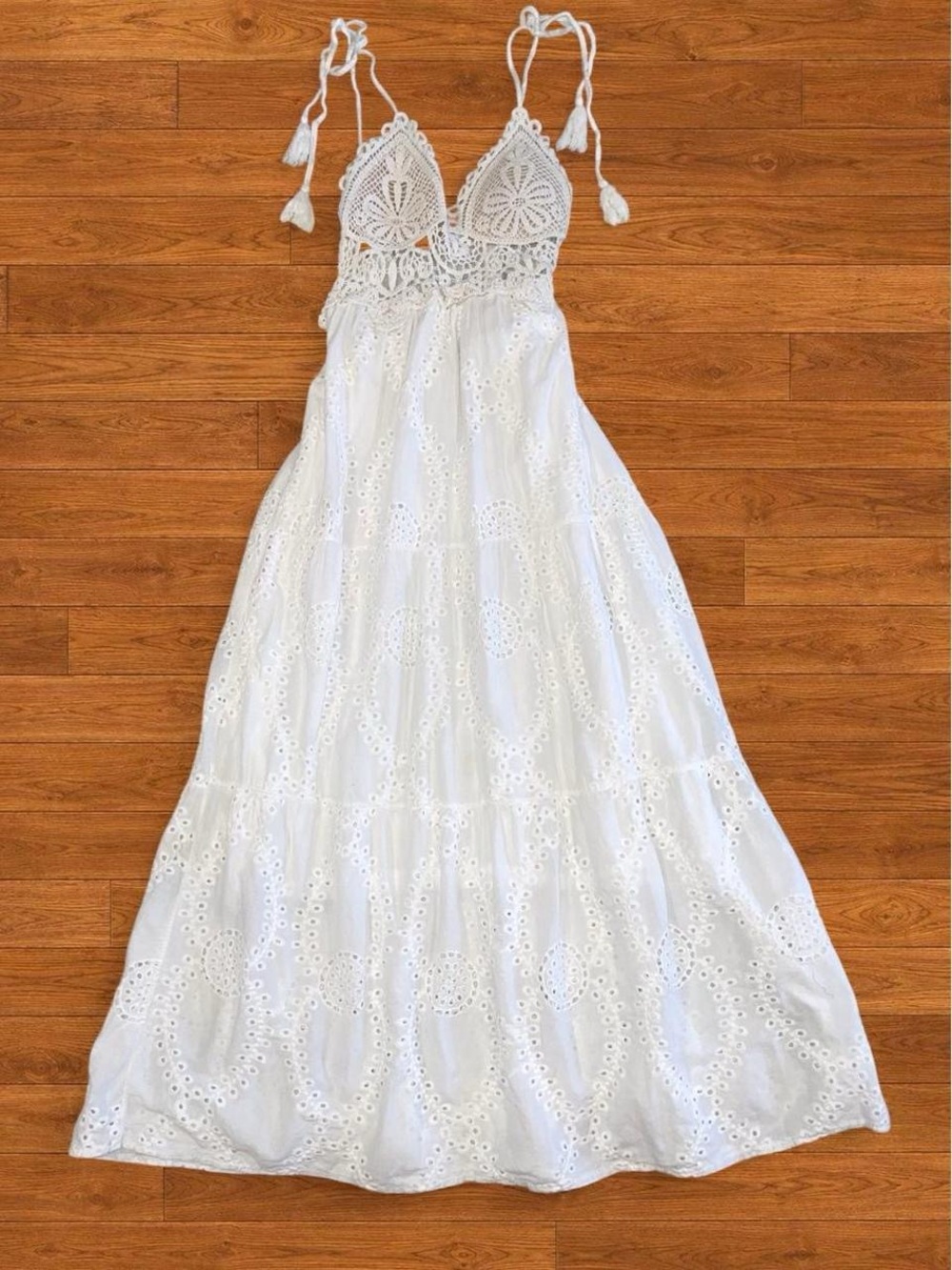 Lemon White Crochet-Top Eyelet Maxi Dress